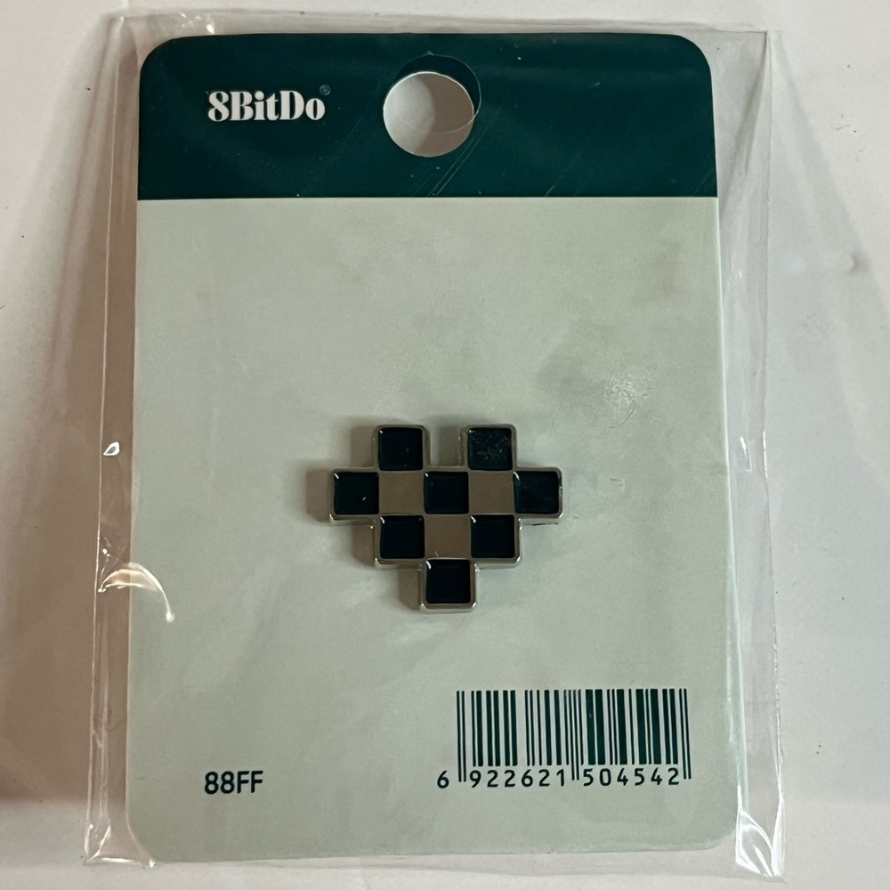 8BitDo Pixel Heart Pin Black and Silver Checkered Enamel Lapel Pin